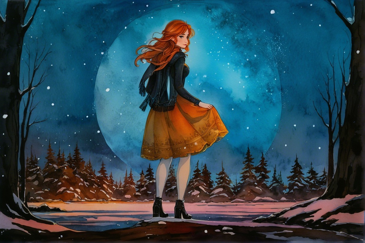 Young Woman in Snowy Landscape with Glowing Moon