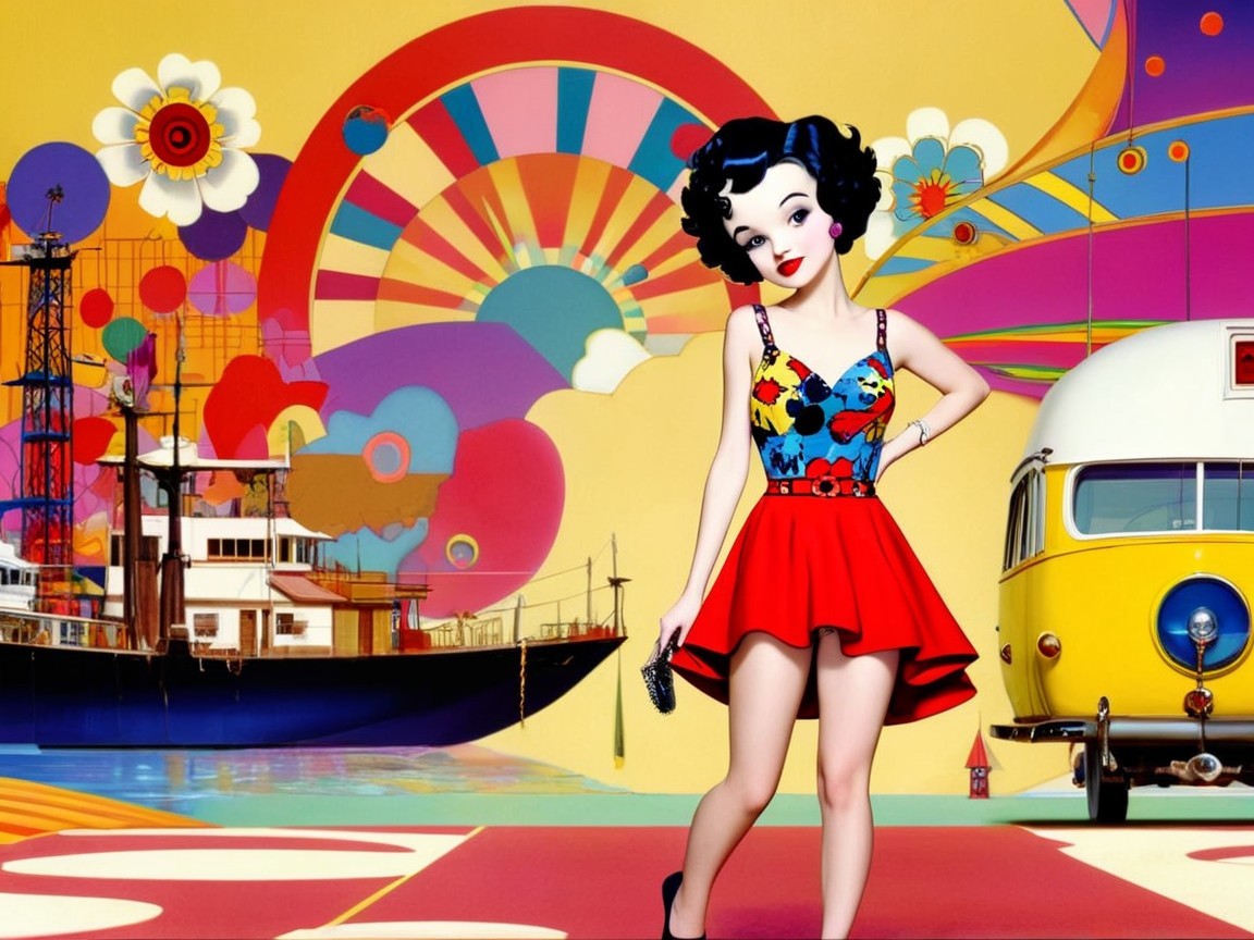 Stylized Character with Retro Background and Floral Outfit