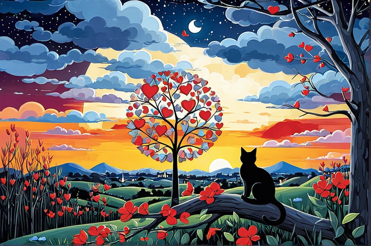 Whimsical Sunset Landscape with Cat and Heart Leaves