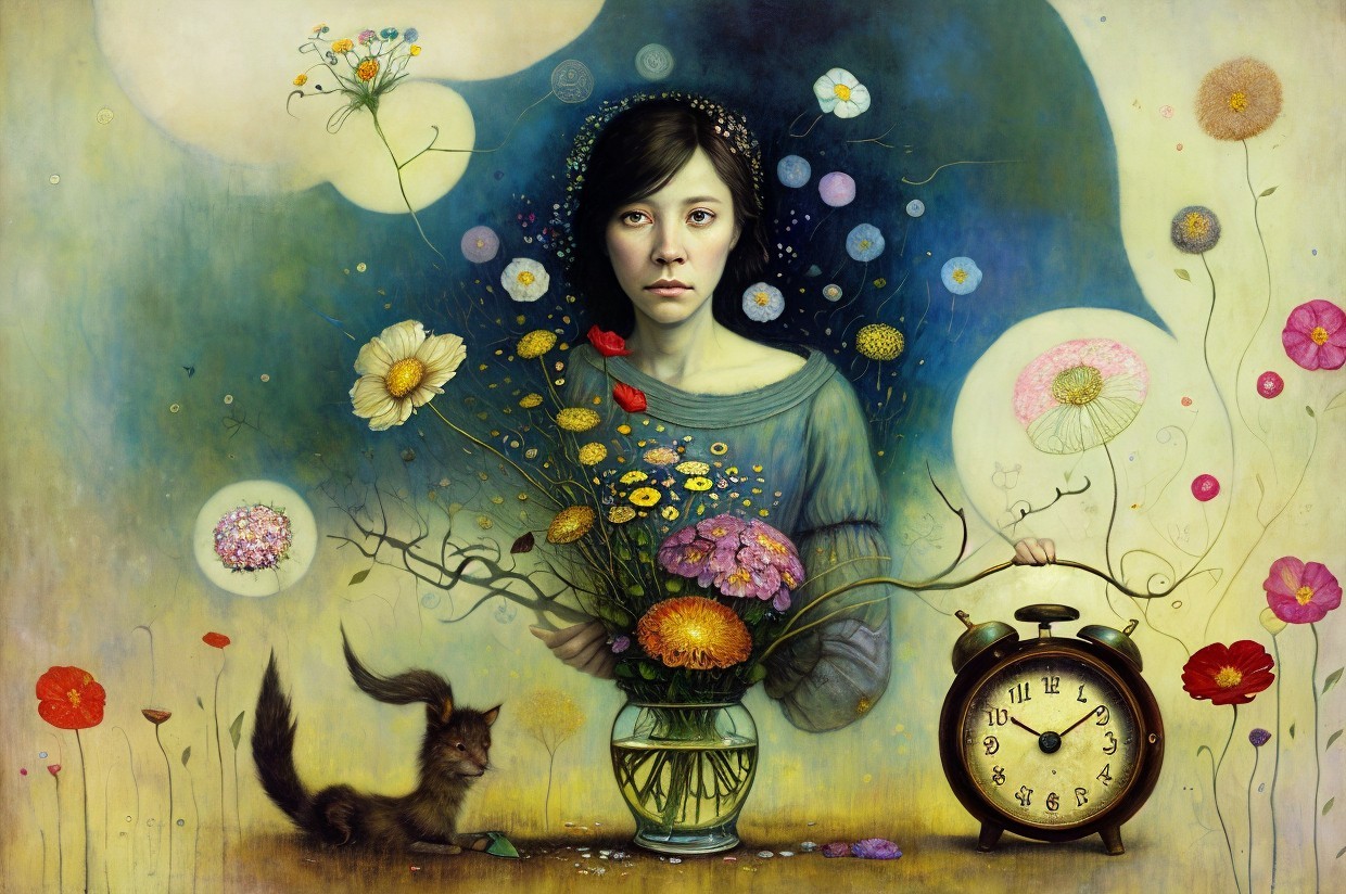 Surreal Portrait of a Woman with Flowers and Time Elements