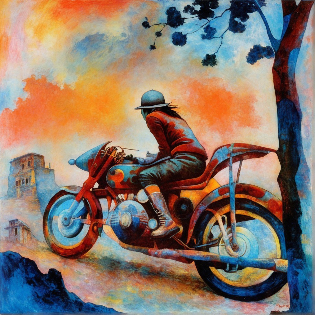 Rider on Vintage Motorcycle Against Sunset Background
