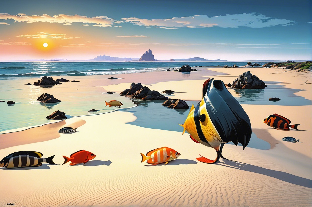 Vibrant Beach Scene at Sunset with Colorful Fish