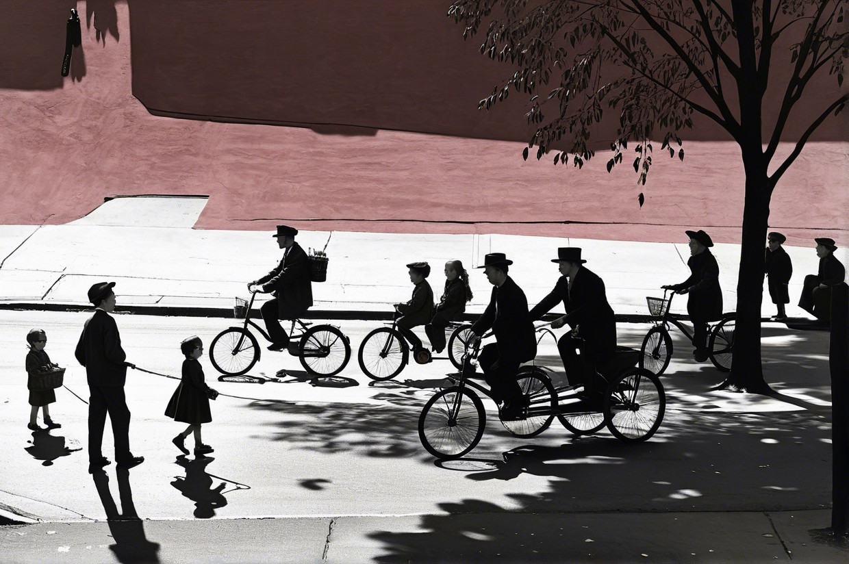 Nostalgic Black and White Street Scene with Silhouettes