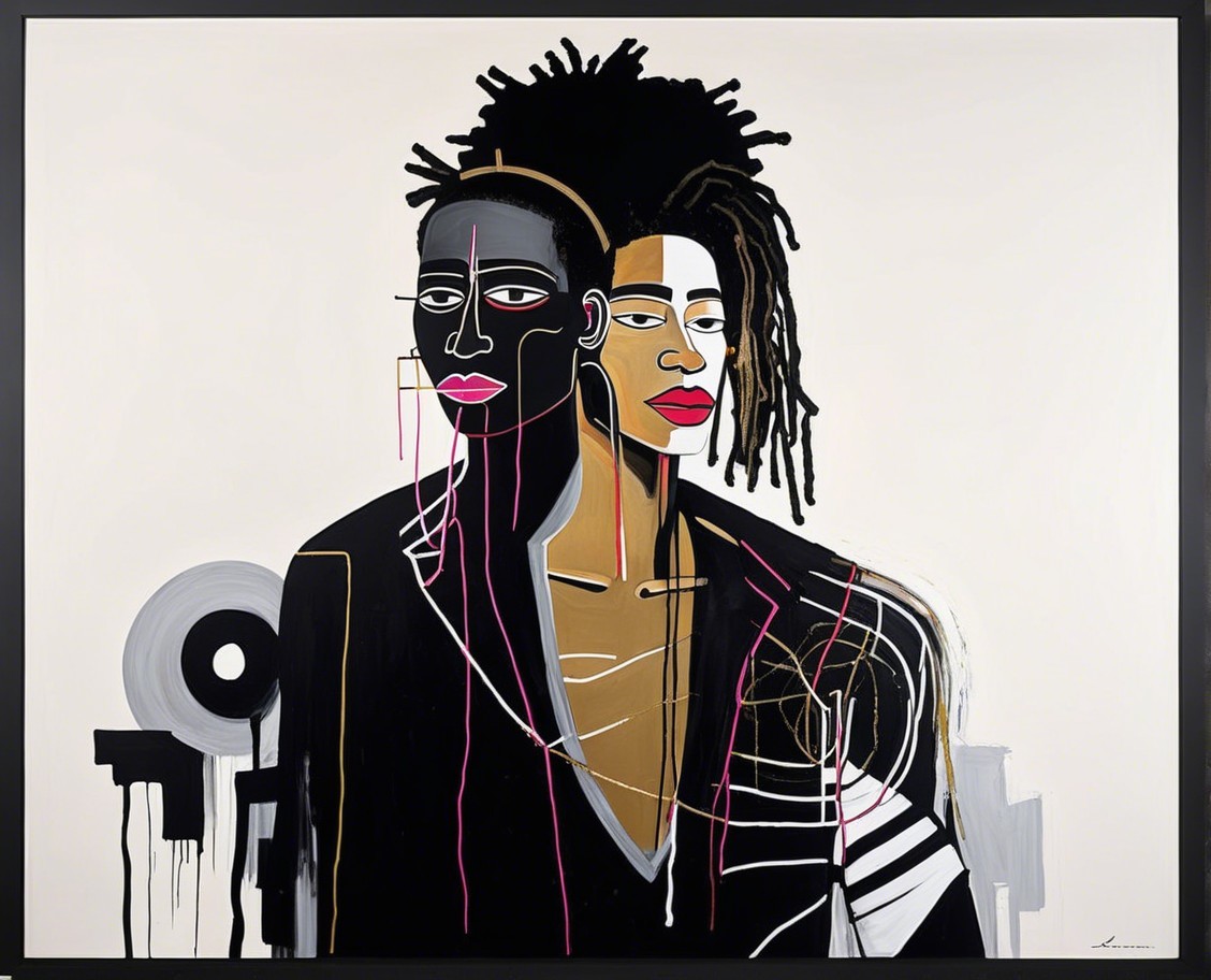 Stylized Figures with Abstract Background in Artwork