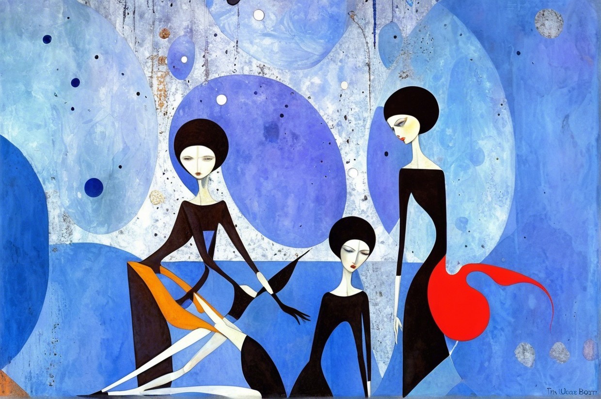 Stylized Figures Against Deep Blue Abstract Background