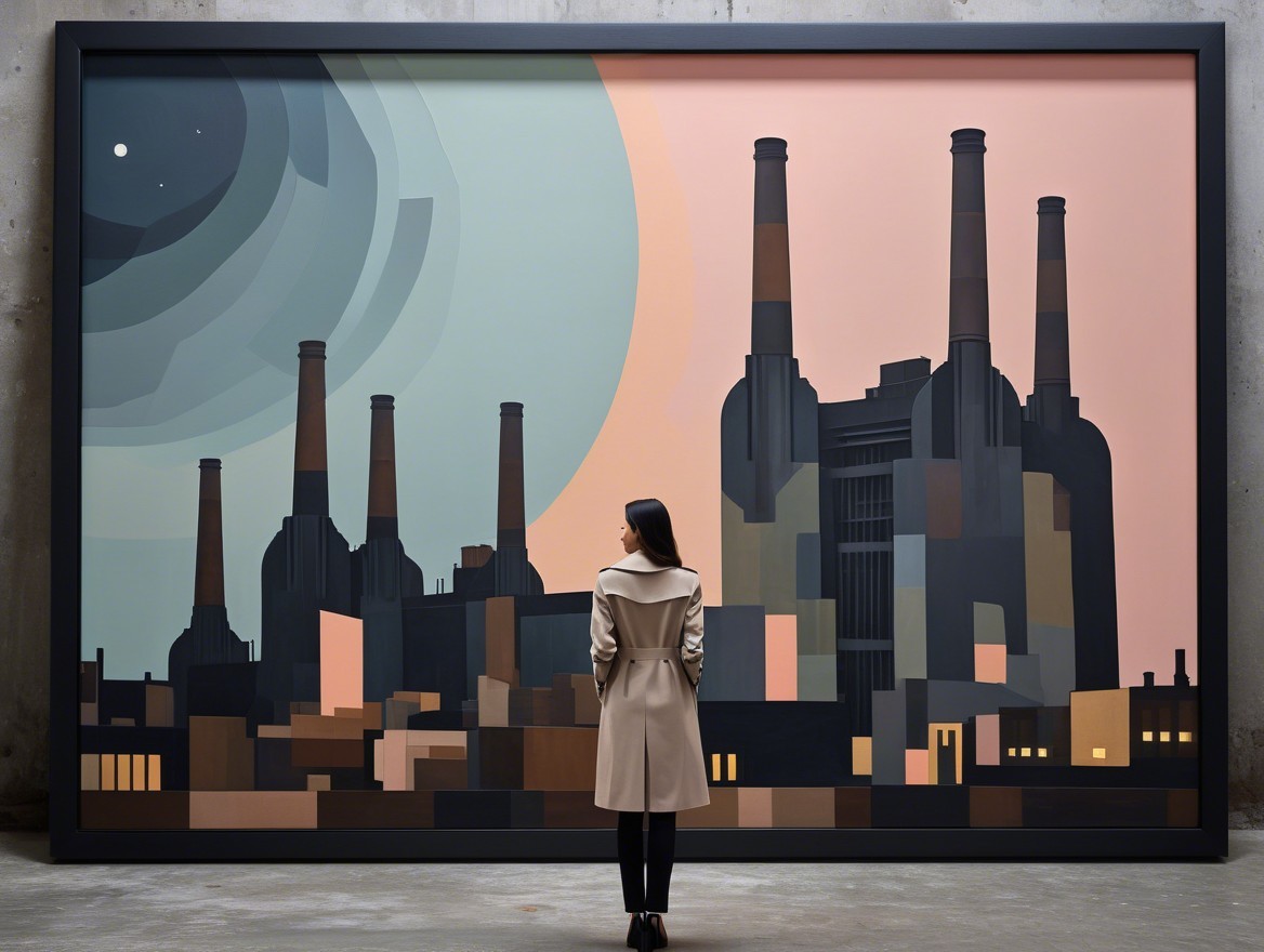 Stylized Factory Painting with Pastel Sky and Geometry