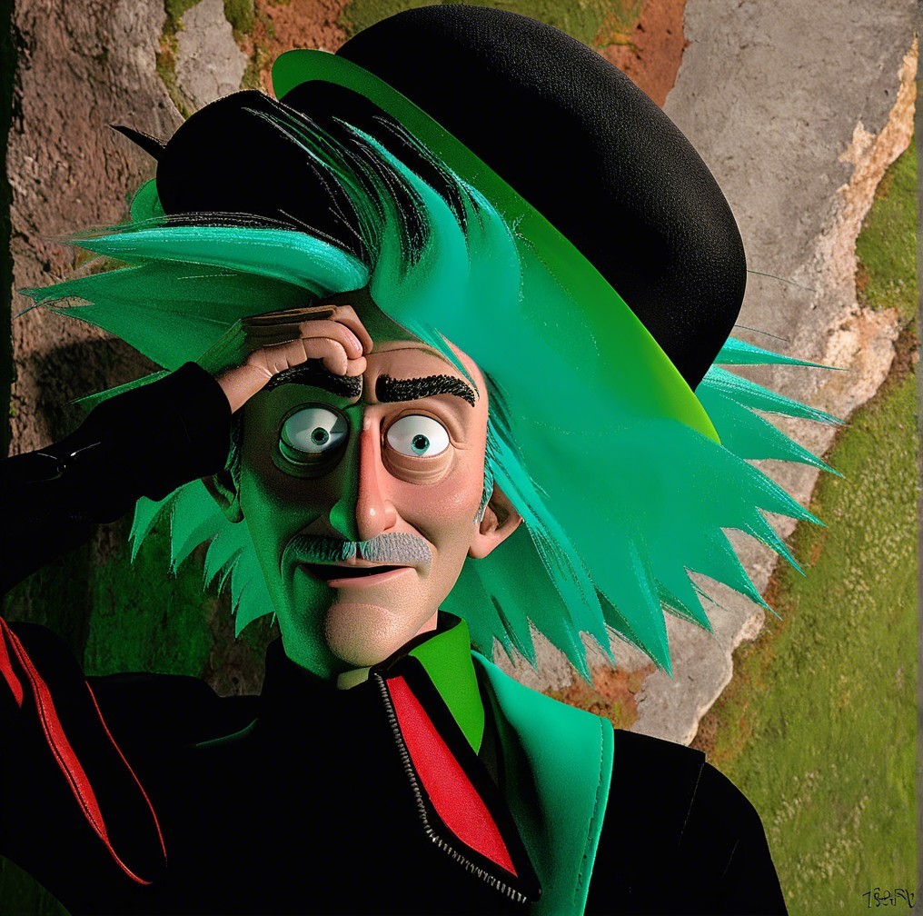 Quirky Animated Character with Green Hair and Hat