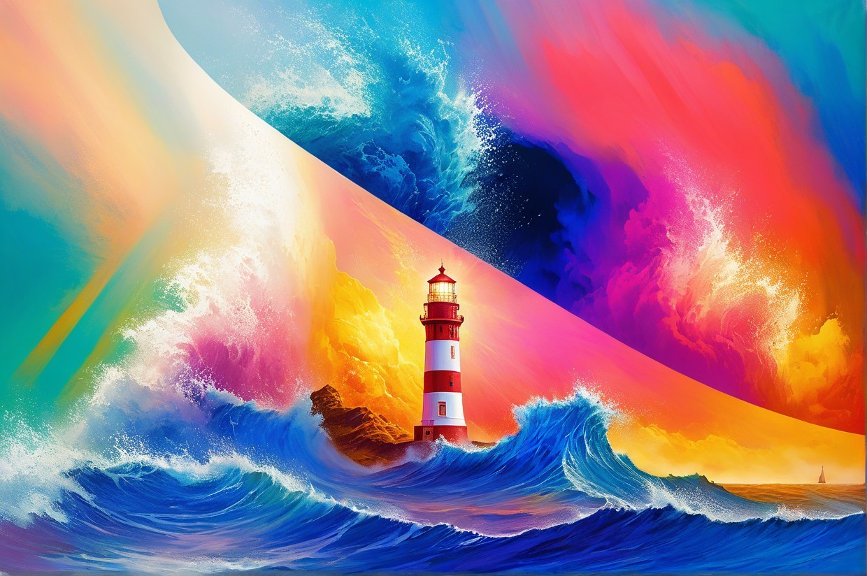 Vibrant Seaside Scene with Lighthouse and Colorful Waves