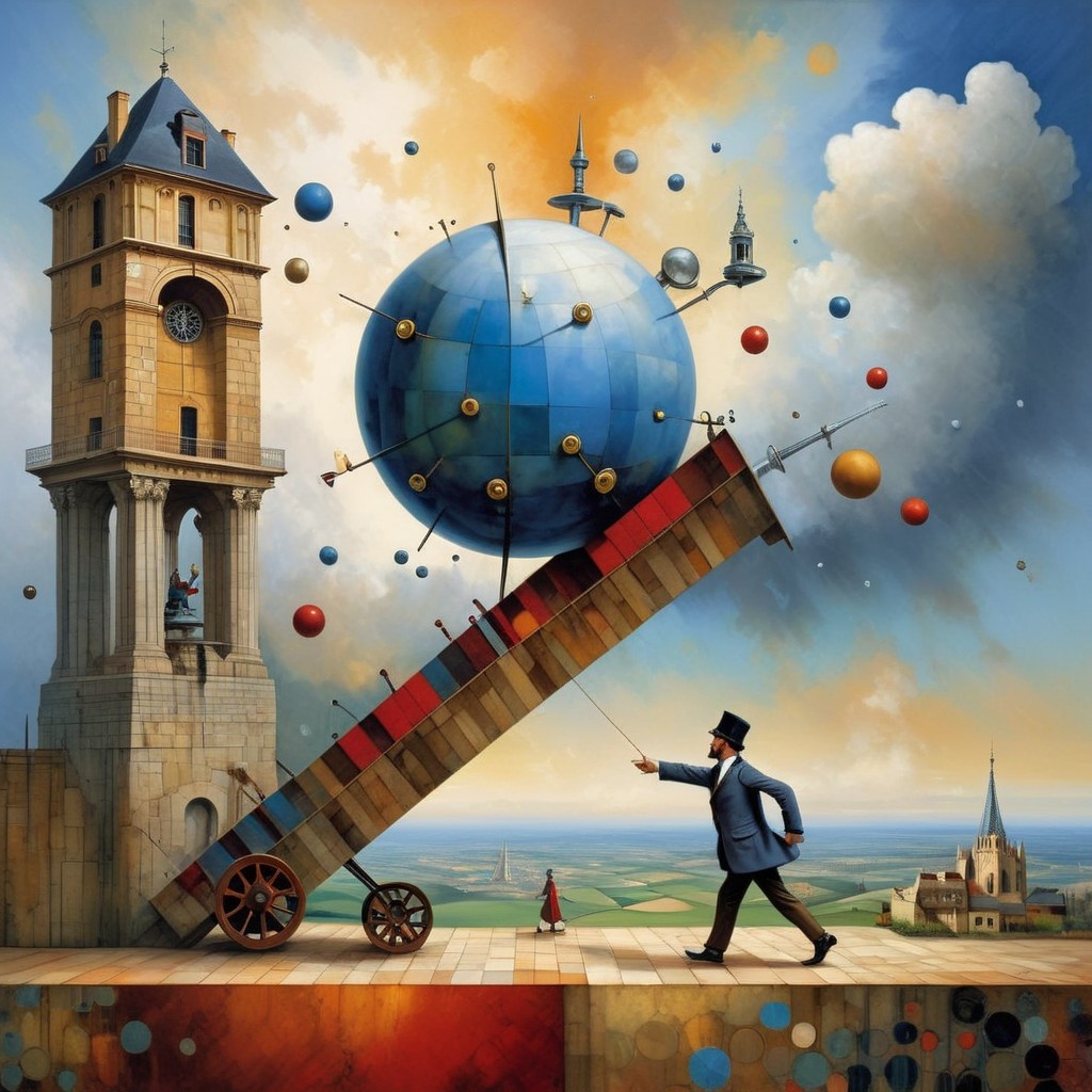 Whimsical Clock Tower and Globe on Inclined Plane Scene