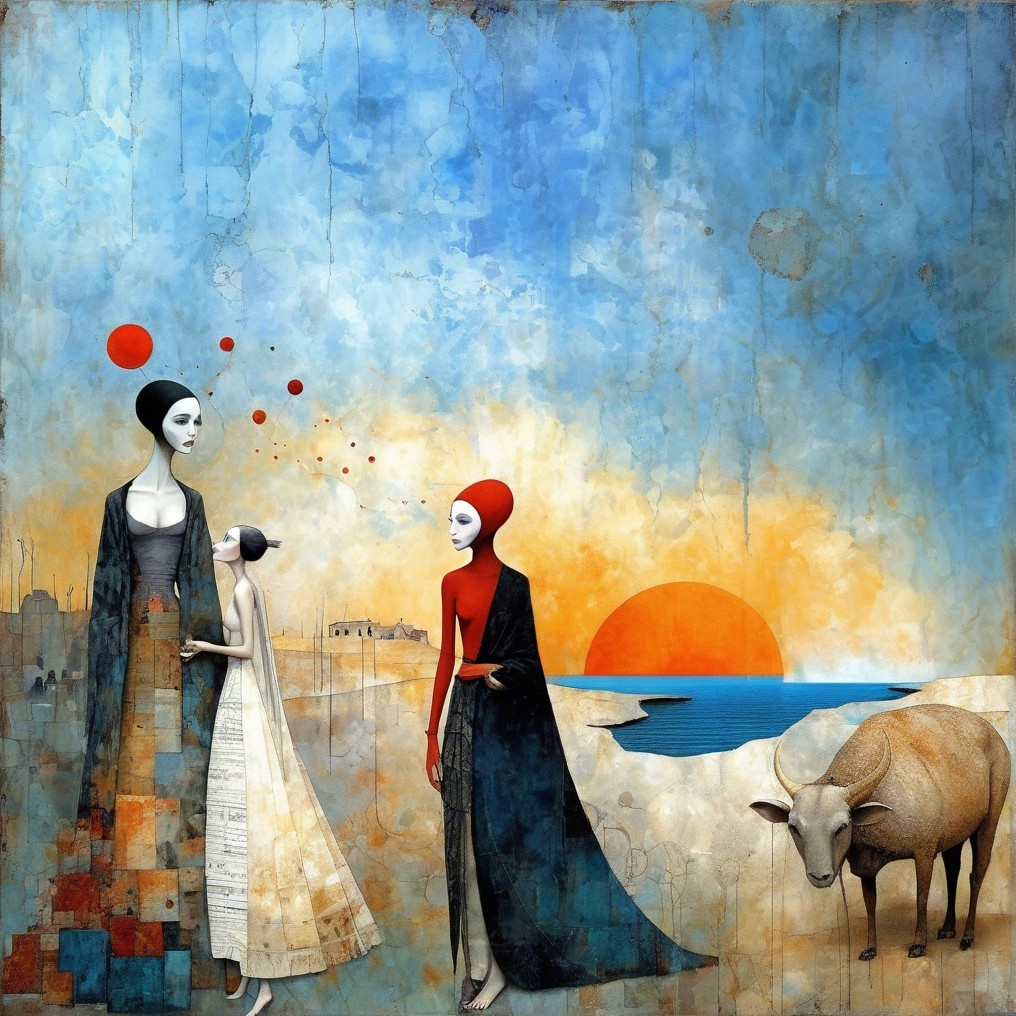 Surreal Landscape with Figures and Vibrant Sunset