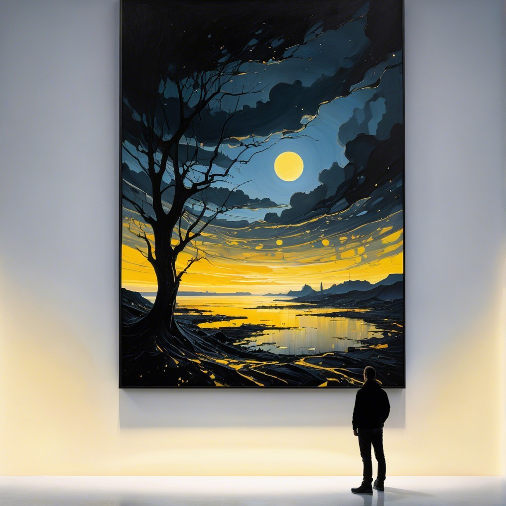 Person in front of dramatic night scene artwork