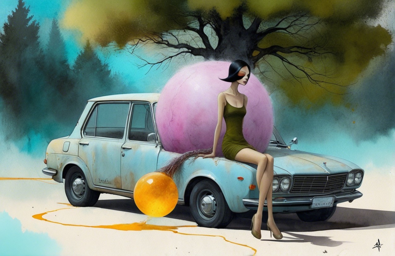 Surreal Scene with Vintage Car and Oversized Bubbles