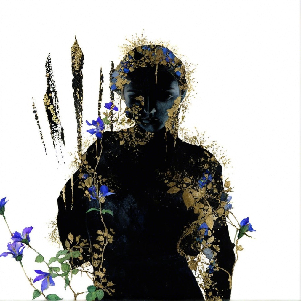 Silhouette with Gold Patterns and Blue Flowers