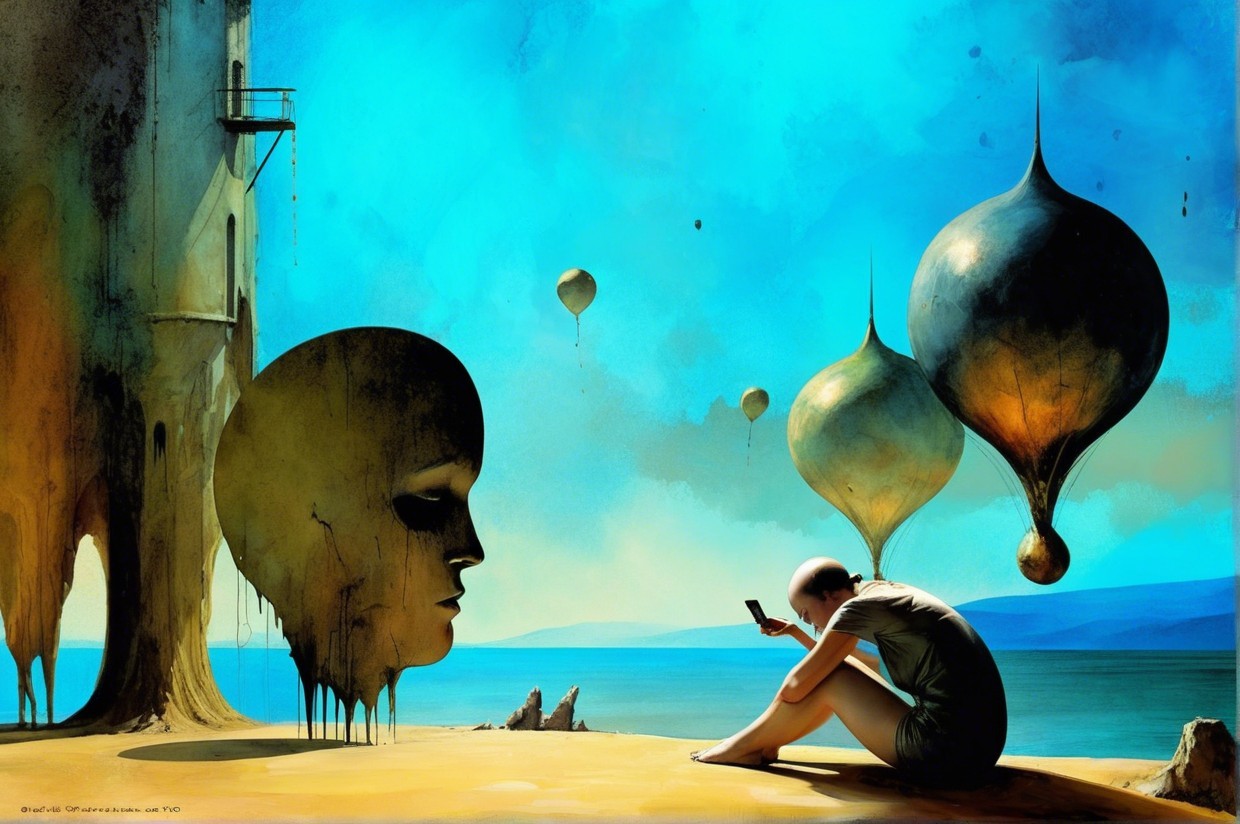 Surreal Beach Scene with Abstract Faces and Balloons