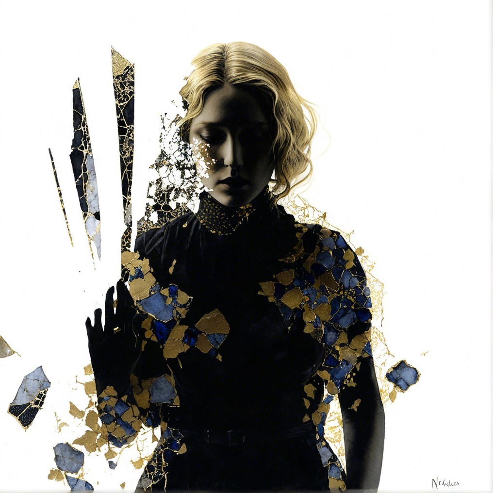 Silhouette of a Woman with Gold and Blue Tessellations