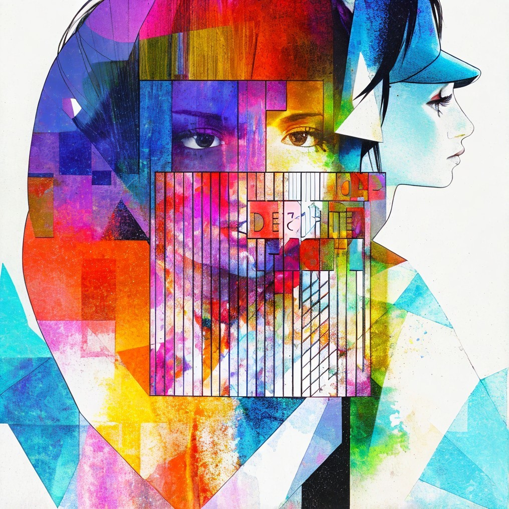 Abstract Artwork of Interwoven Faces and Colors