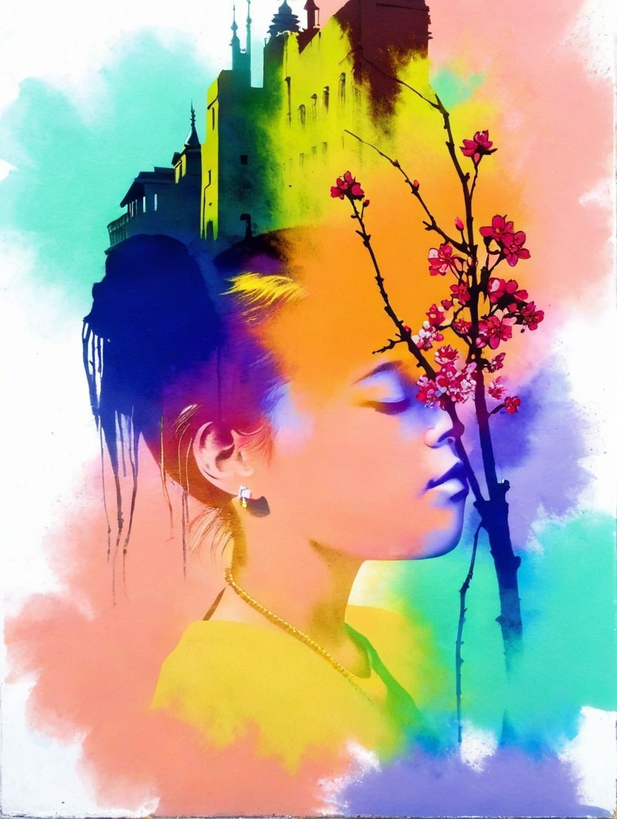 Young girl in profile with vibrant, dreamlike background