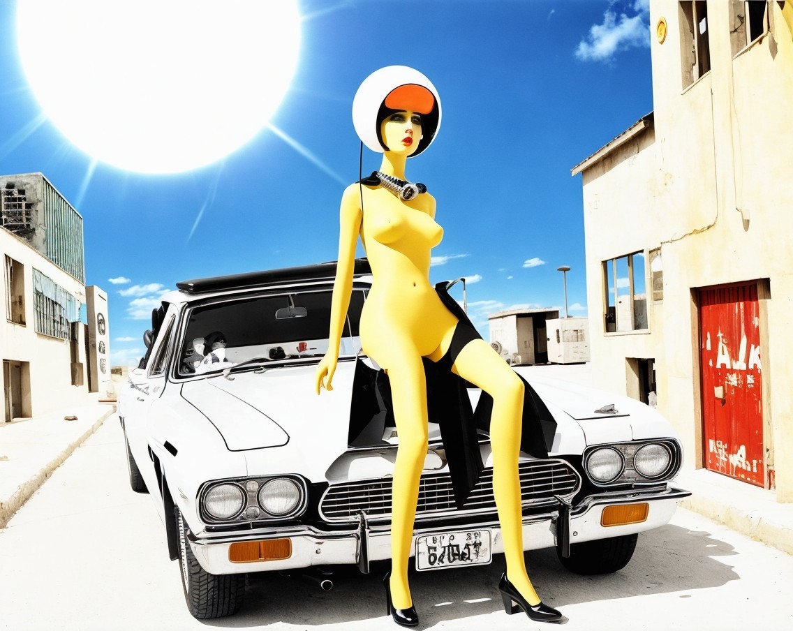Stylized Mannequin Woman on Vintage Car in Urban Setting