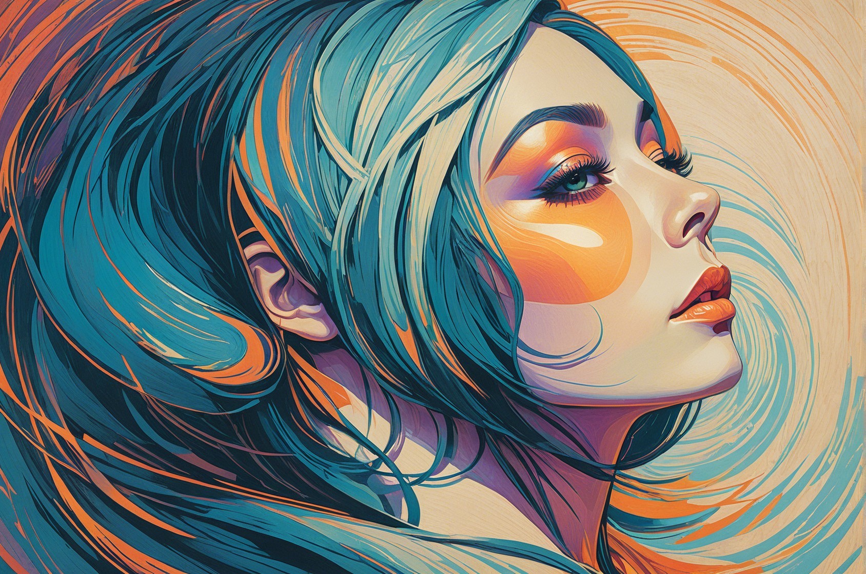 Digital Painting of Woman with Colorful Hair and Makeup