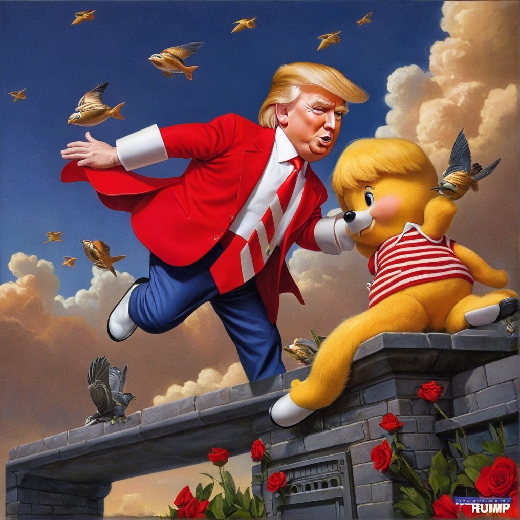 Whimsical Rooftop Scene with Cartoon Businessman and Toy