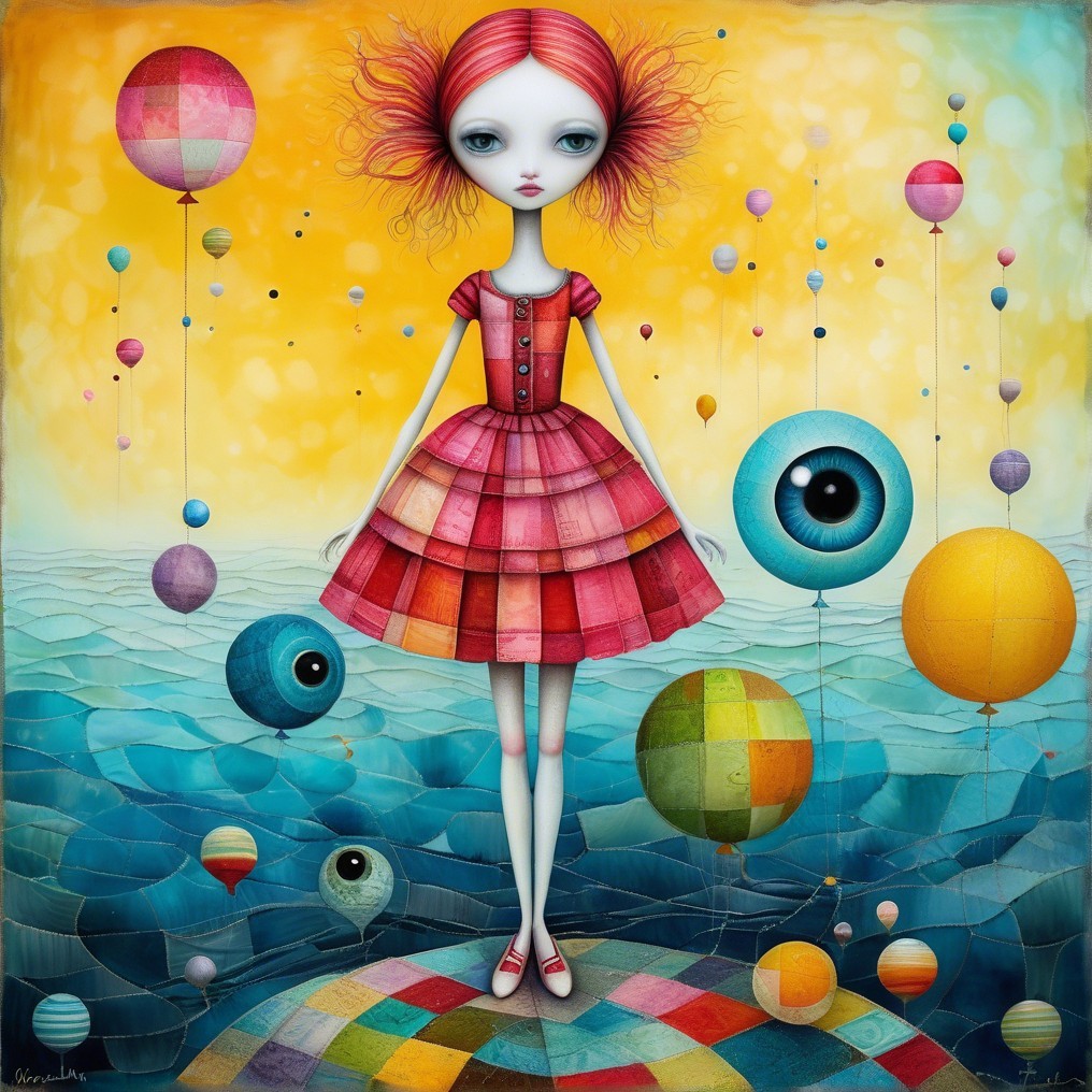 Whimsical Girl in Colorful Patchwork Landscape Art