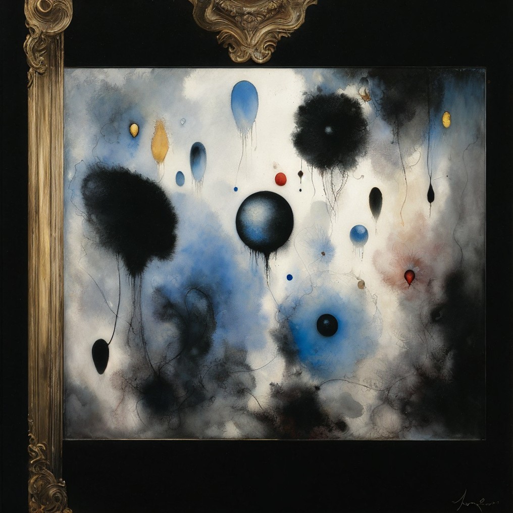 Abstract Composition with Swirling Black, Blue, and White