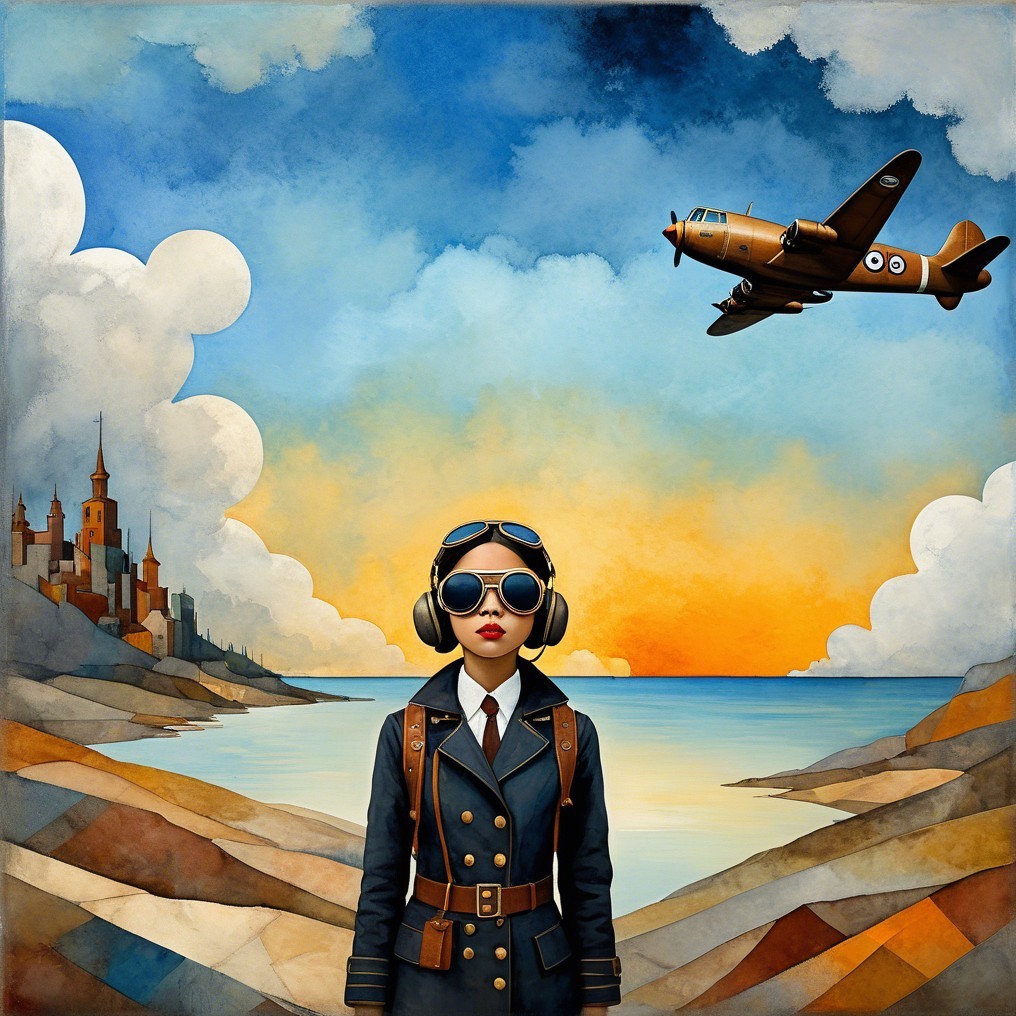 Young Girl in Vintage Pilot Outfit Against Sunset Landscape