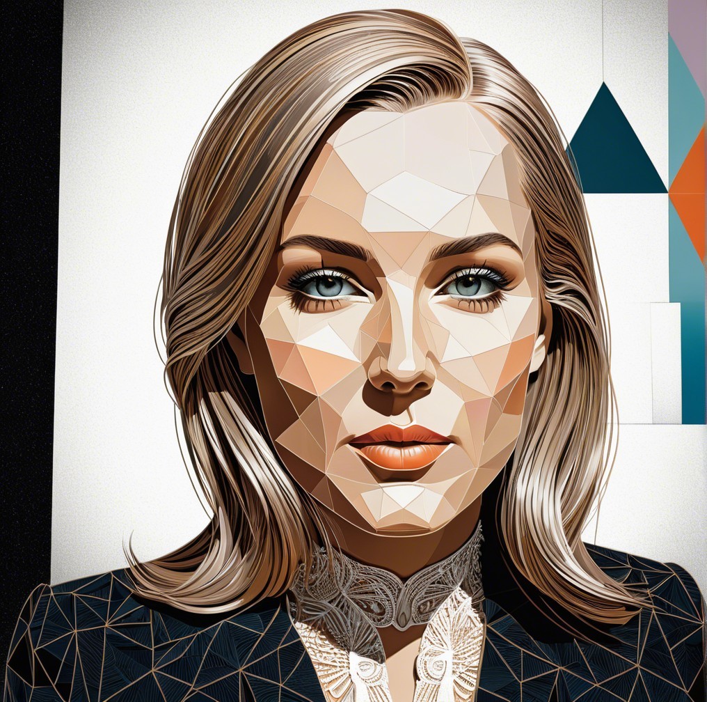 Stylized portrait of a woman with blue eyes and angular features