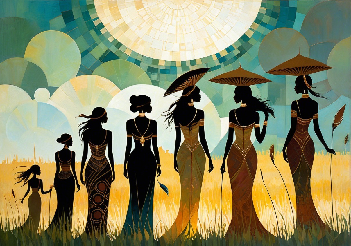 Silhouette of Women in Elegant Dresses in Golden Field