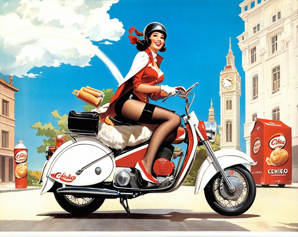 Stylish Woman on Vintage Scooter with Food Delivery