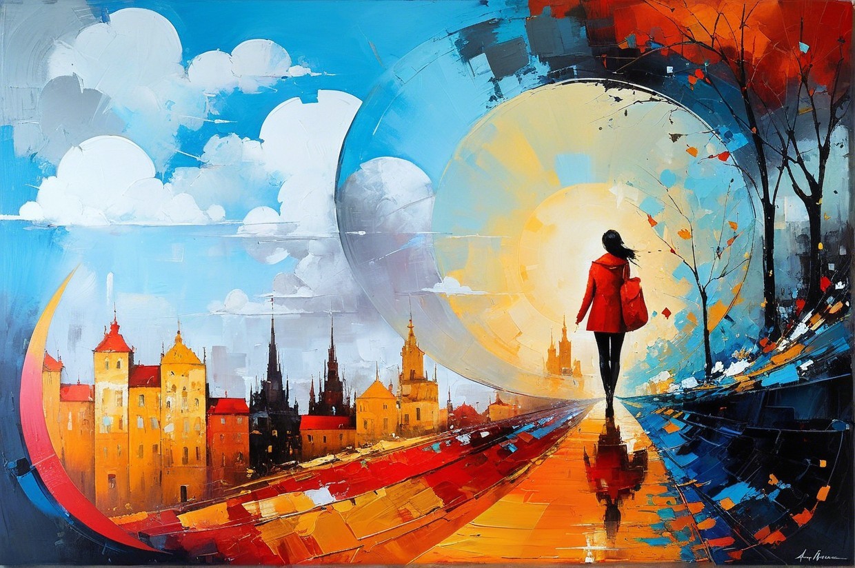 Abstract Cityscape with Silhouetted Figure in Red Coat