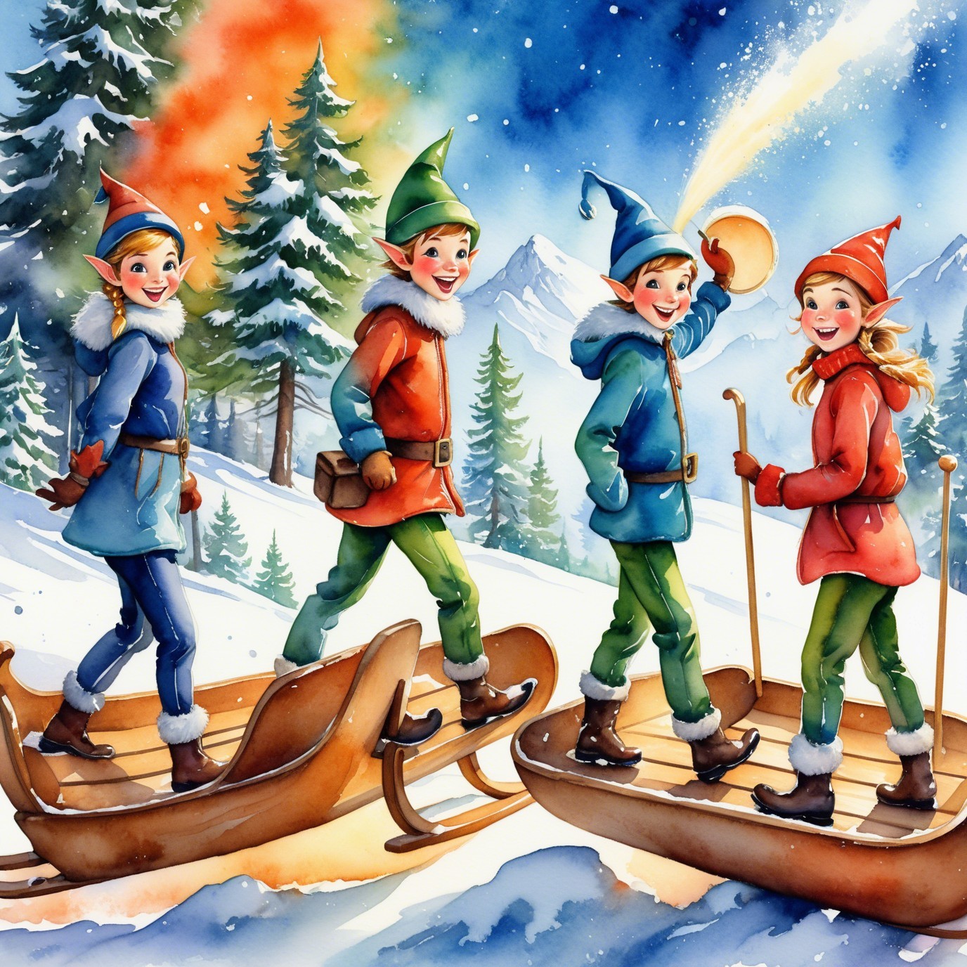Elves Skiing and Sledding in a Snowy Landscape