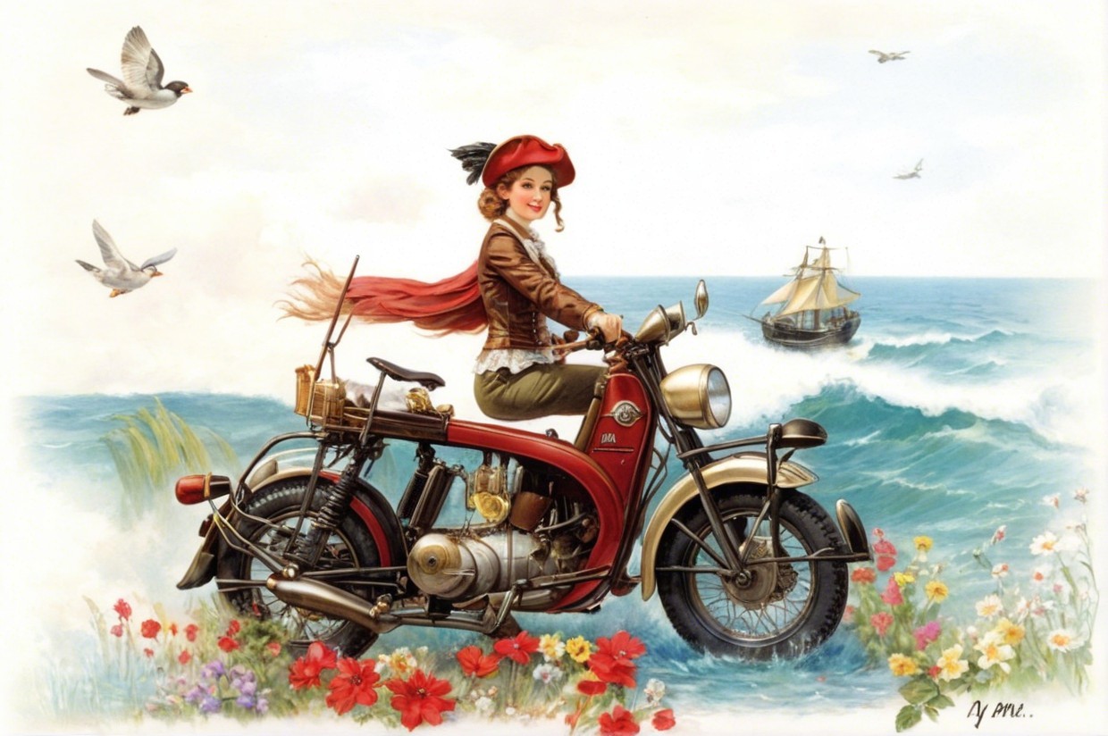 Cheerful woman on vintage motorcycle by seaside