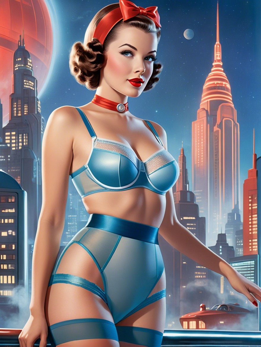 Retro Illustration of Glamorous Woman in Futuristic Setting