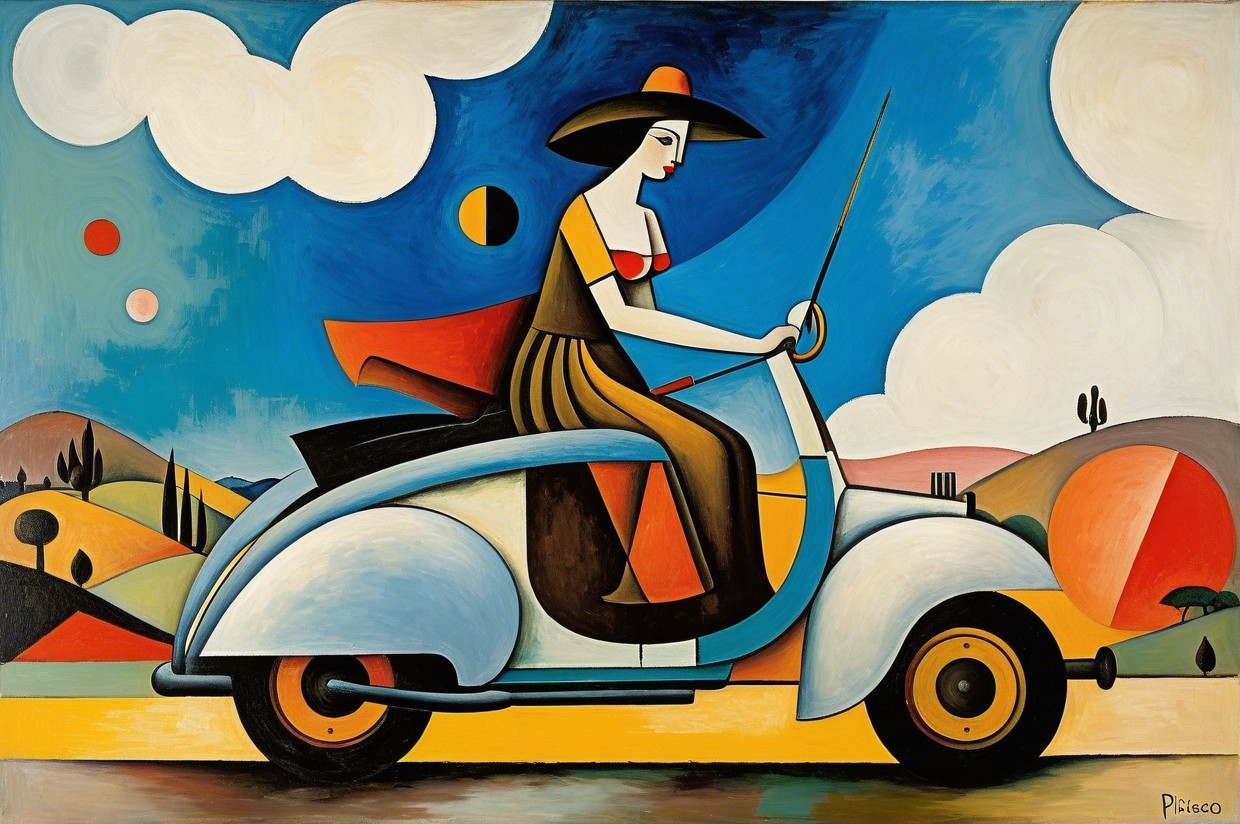 Modernist Painting of Woman on Vintage Scooter