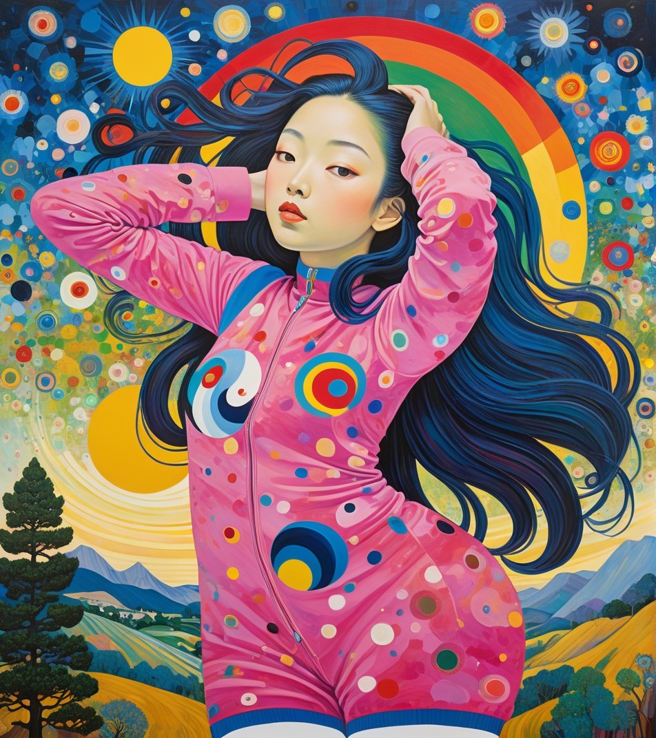 Vibrant Artwork of Young Woman in Colorful Landscape