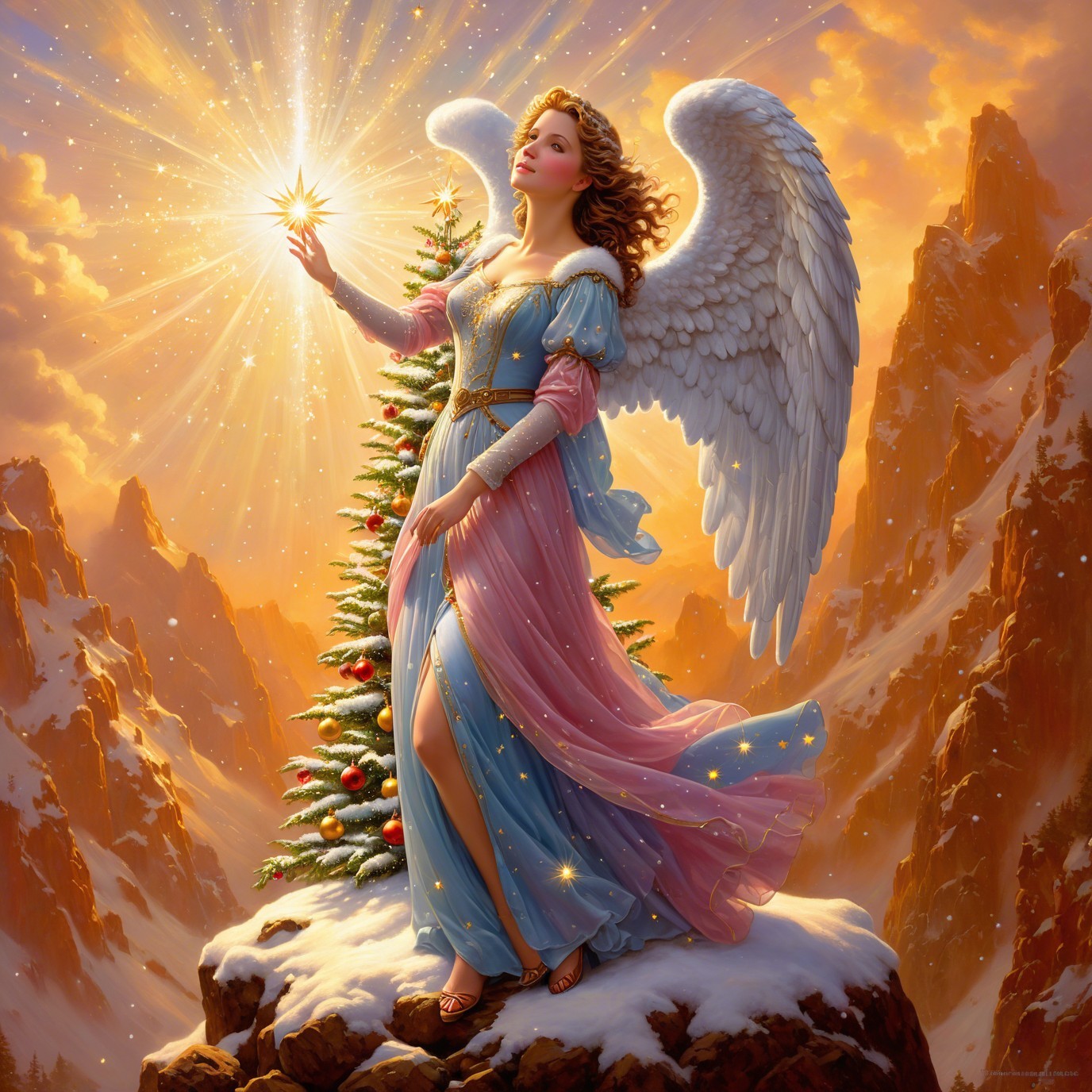 Angel on Snowy Mountaintop with Christmas Tree and Star