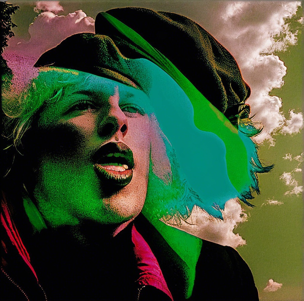 Blonde-haired person in black beret with vibrant colors