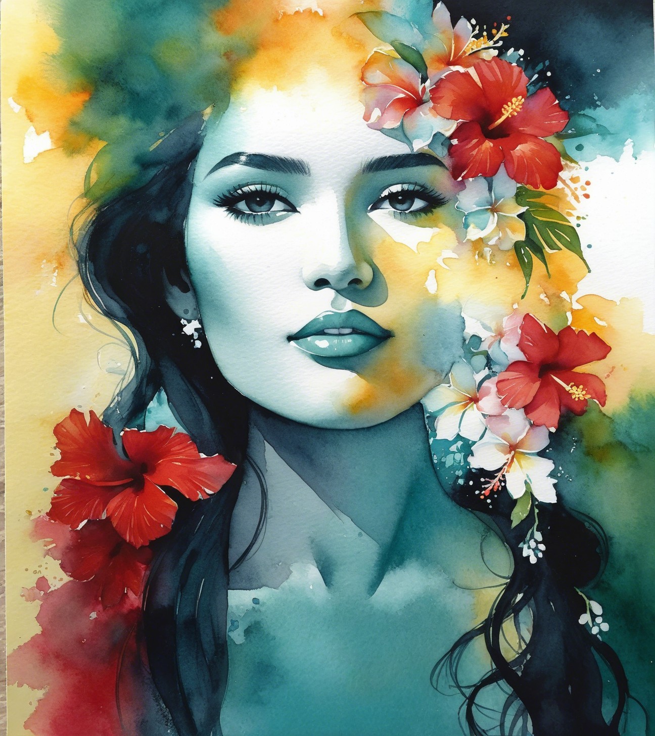 Abstract Watercolor Portrait of a Woman with Flowers