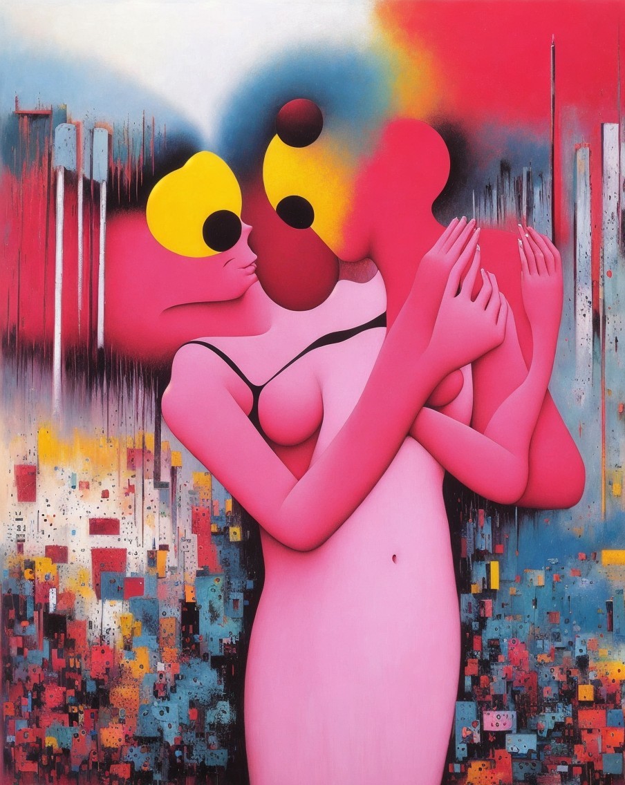 Stylized Embrace of Two Figures in Vibrant Pink