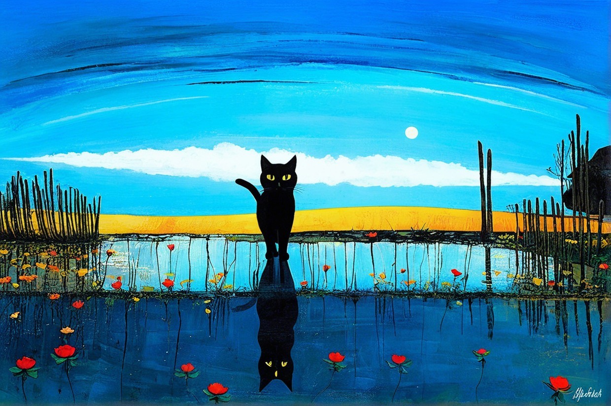 Serene Landscape with Cat by Reflective Water