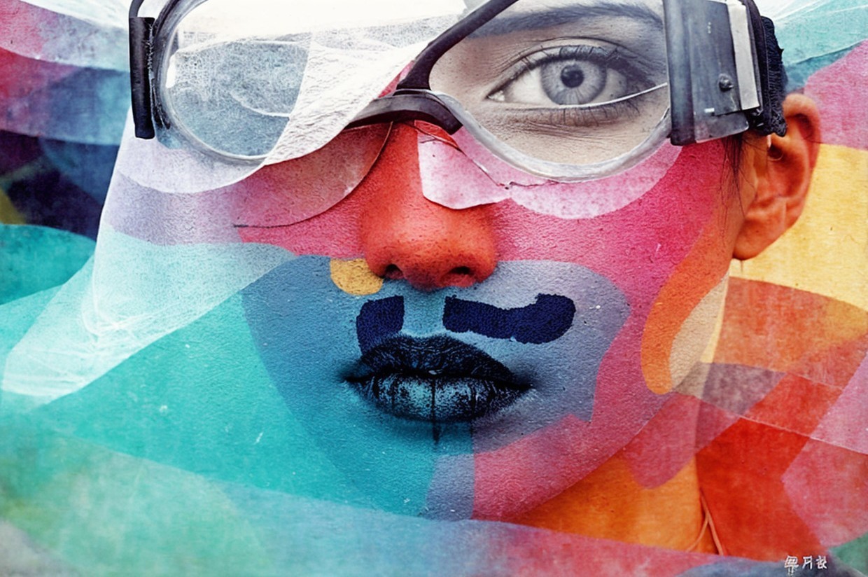 Close-up of a face with vibrant abstract paint patterns