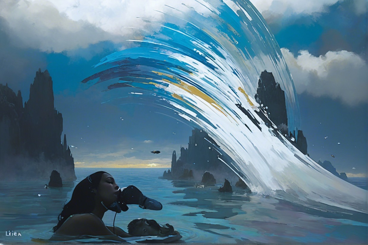 Underwater Scene with Woman in Wetsuit and Waves