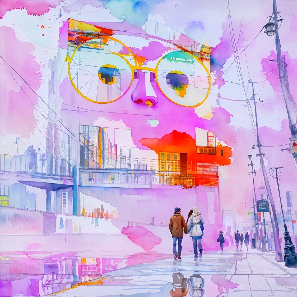 Watercolor City Scene with Couple and Surreal Elements