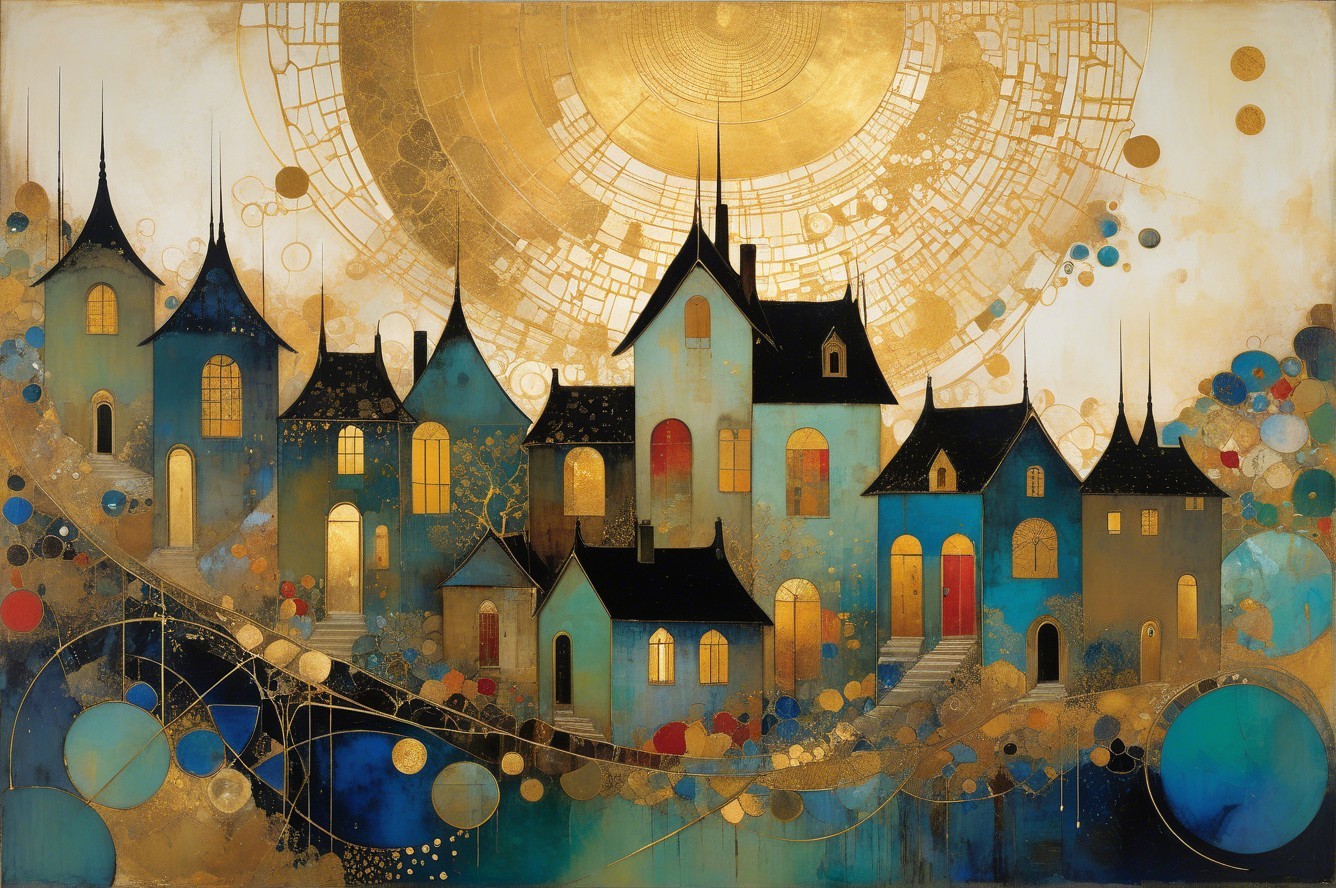 Abstract Painting of Whimsical Village with Colorful Houses