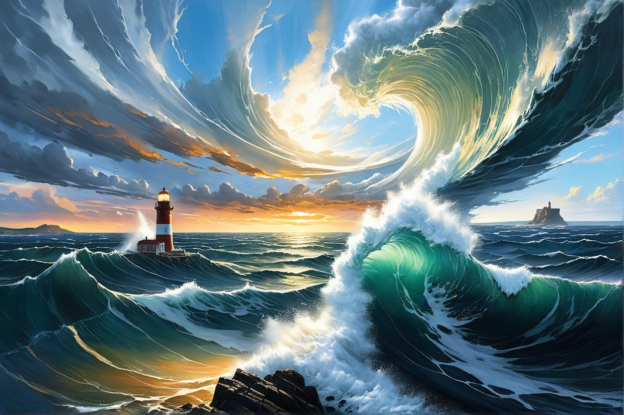 Dramatic Seascape with Lighthouse and Sunset Colors