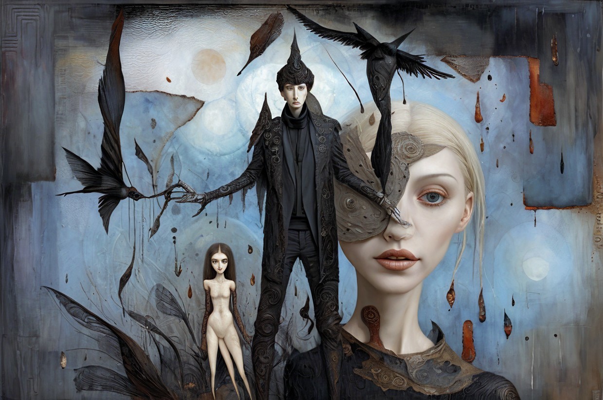 Surreal Artwork with Intricate Figures and Dark Elements