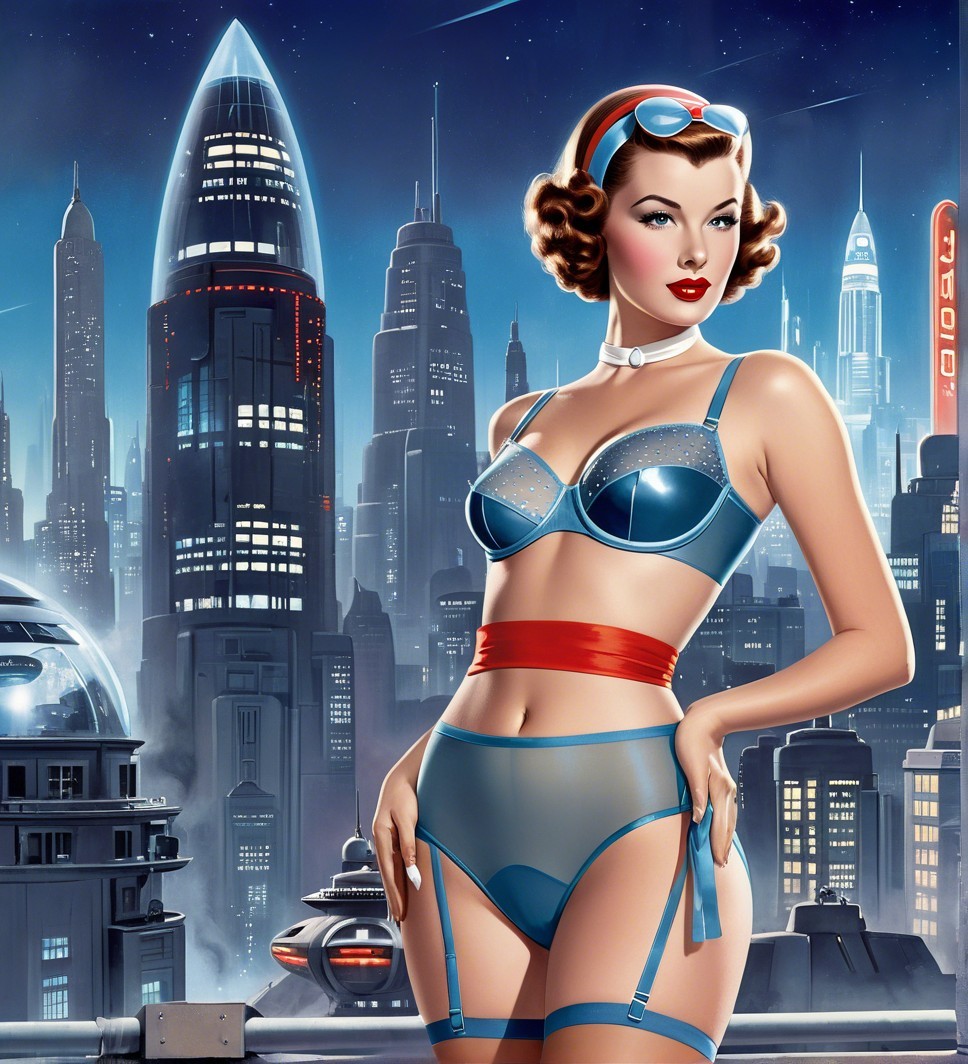 Glamorous Retro-Futuristic Scene with Stylish Woman