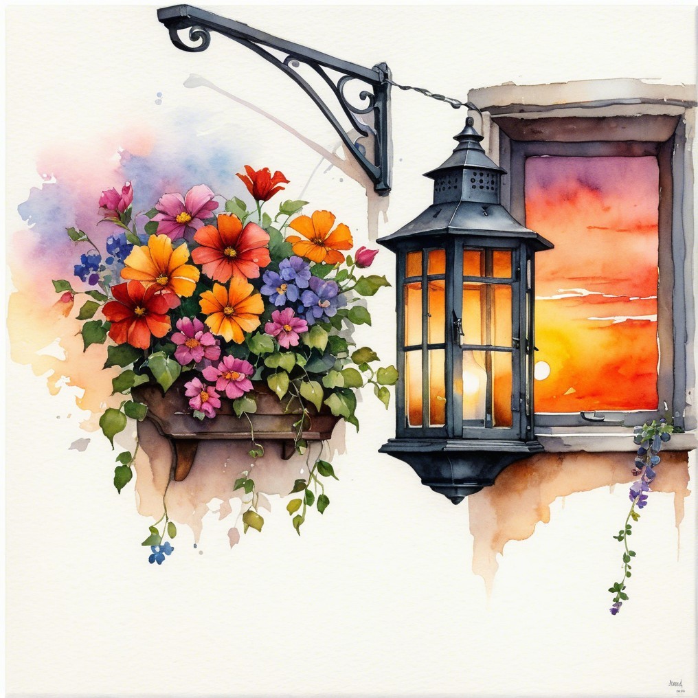 Rustic Lantern by Flower-Framed Window at Sunset