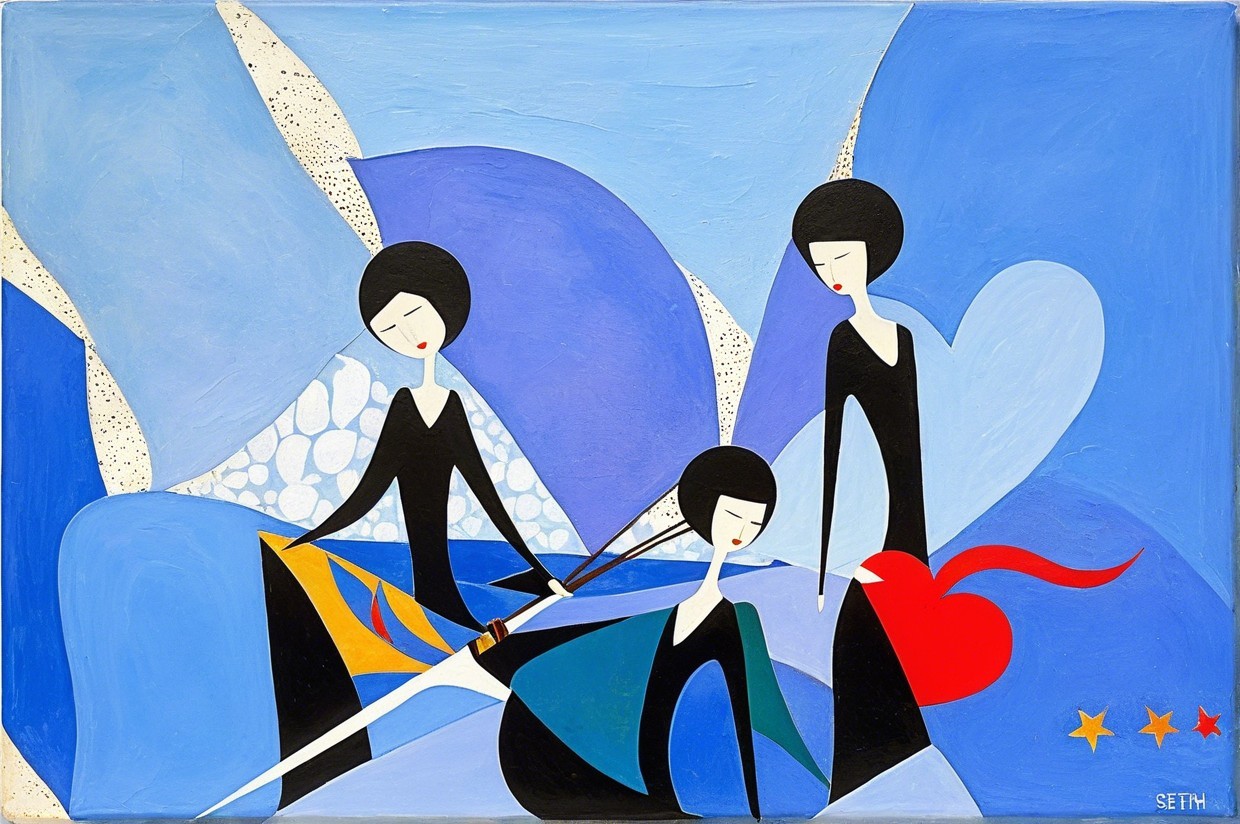 Stylized Figures in Dark Outfits Against Blue Background